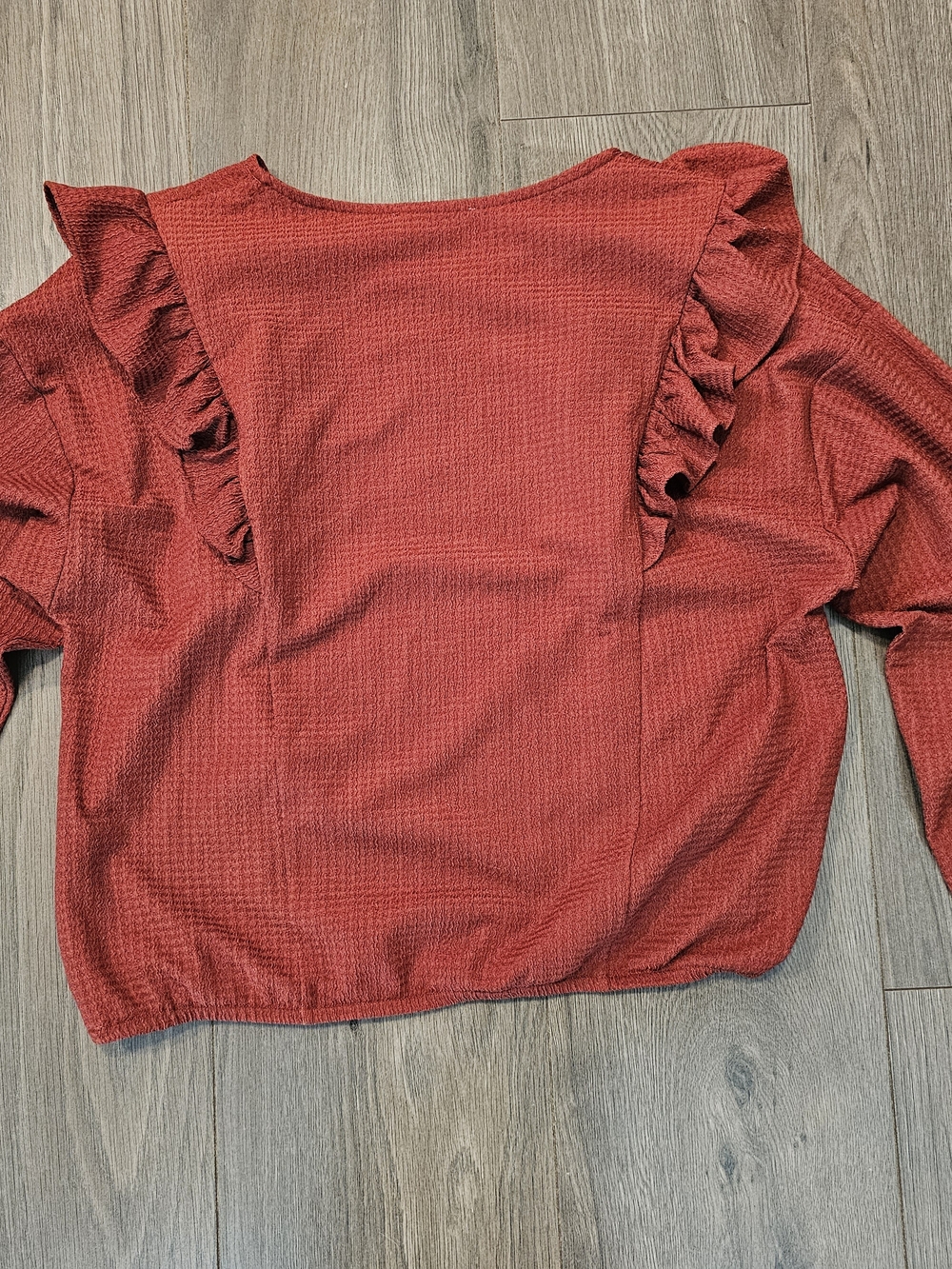 Lush Rust Ruffle Shoulder Waffle-Knit Pullover - Picture 4 of 4